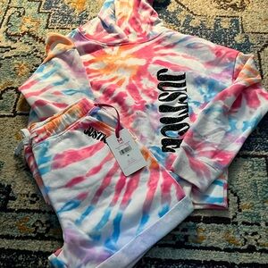 Justice NWT 2 piece set. hoodie and sweat shorts. 10. Tie dye w/ black logo.